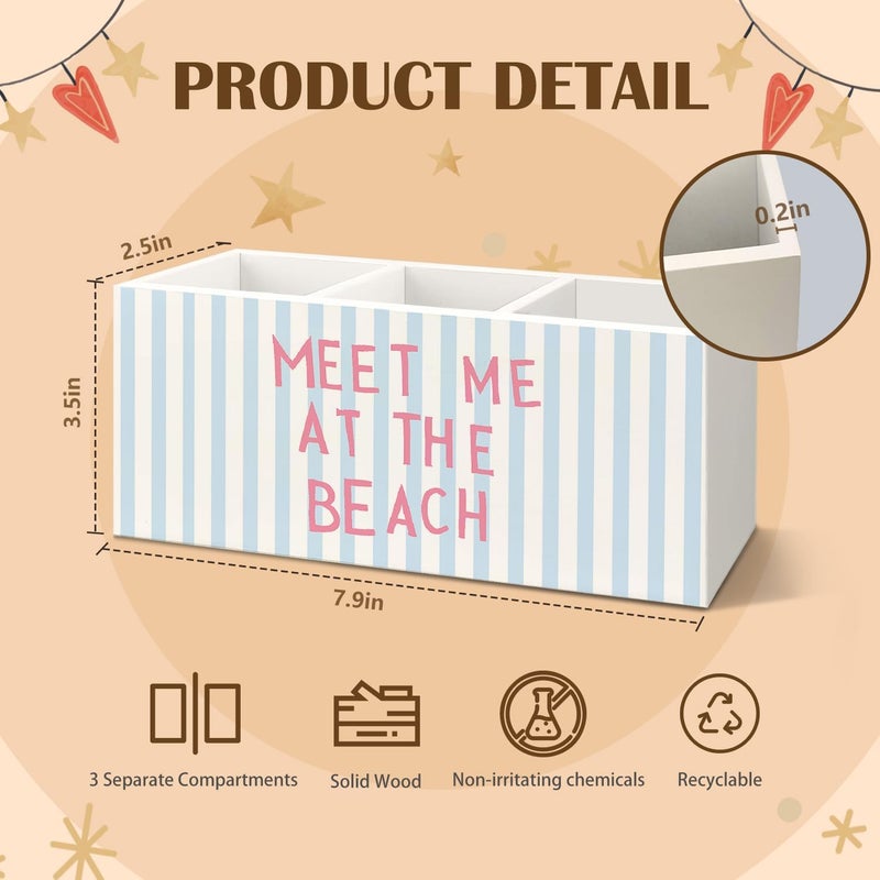 KBRCT Preppy Coastal Beach Wooden Utensils Holder, Coastal Kitchen Decor, Meet Me at the Beach Blue Striped Wood Cooking Utensil Holder Organizer for Kitchen Countertop Counter Decor - Image 3